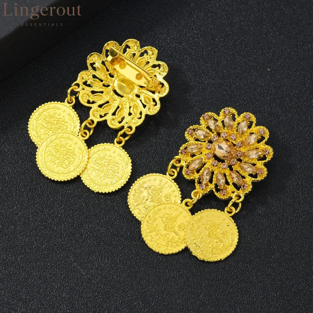 1 Pair Gold-Plated Brooch Kurdish Traditional Turkish Bridal Costume Accessory Luxury Arabic Women’s Jewelry - GOLD