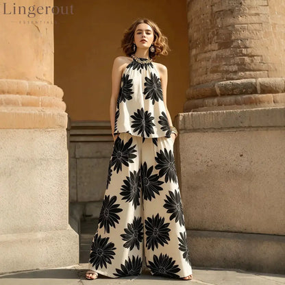 2 Piece Floral Print Wide Leg Pants Set - Apricot / S