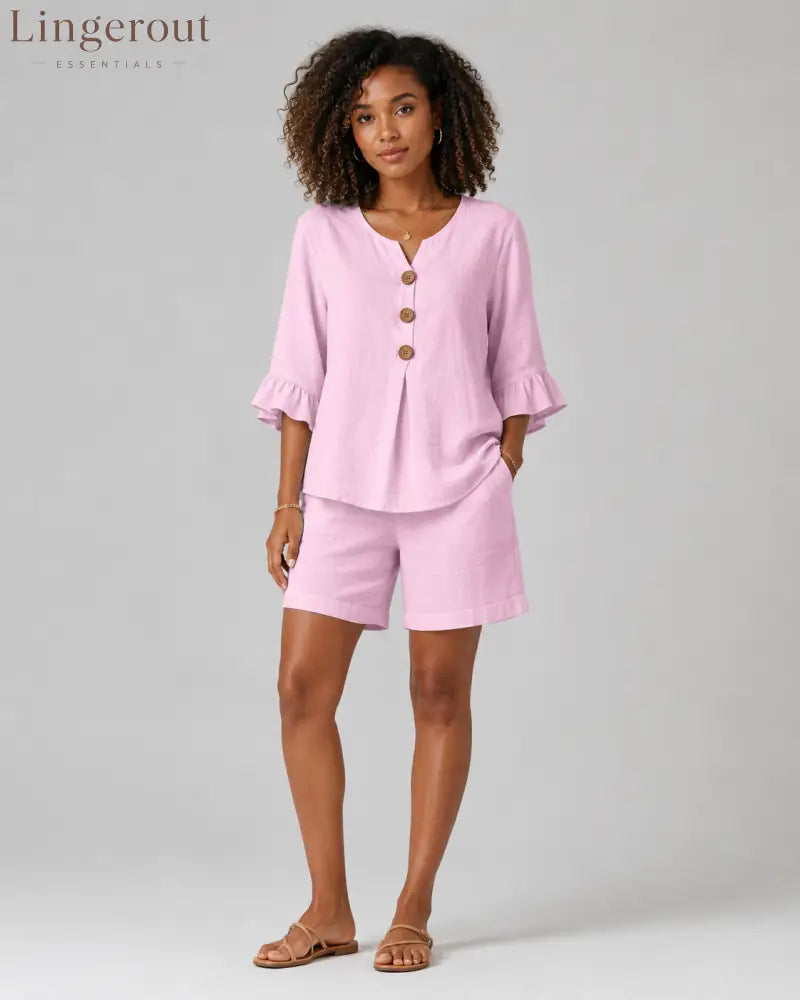 2-Piece Linen Short Set - V-Neck Button Up Ruffle Sleeve Blouse & Lounge Shorts Co-ord Suit