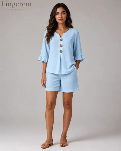 2-Piece Linen Short Set - V-Neck Button Up Ruffle Sleeve Blouse & Lounge Shorts Co-ord Suit