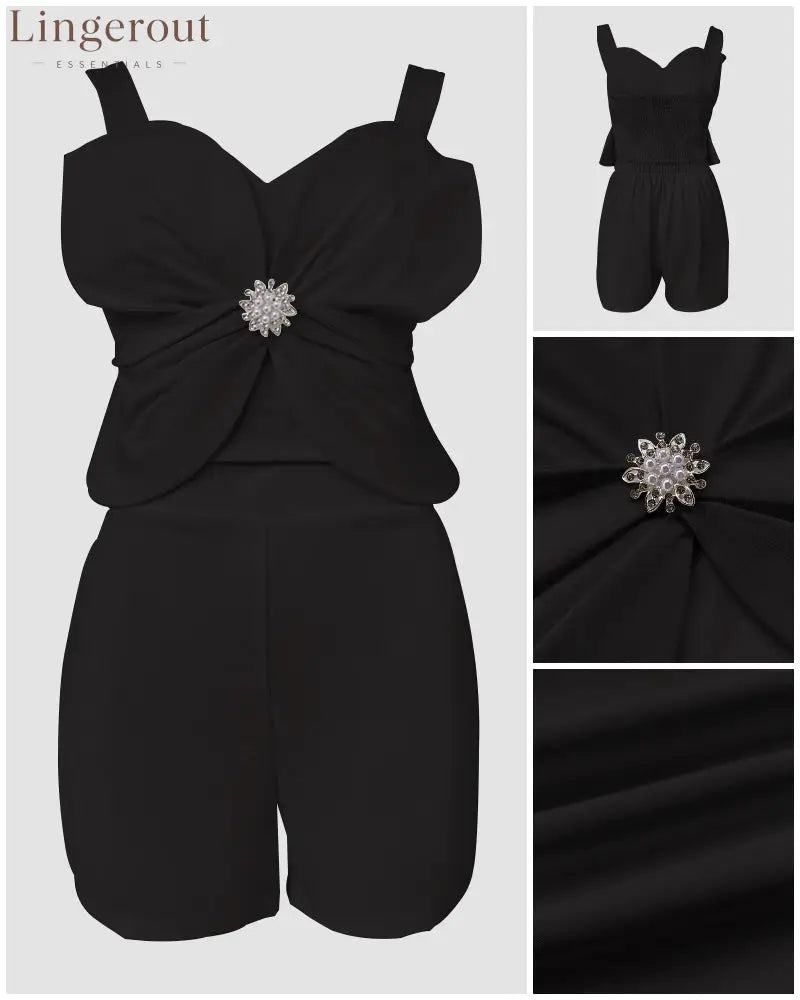 2 Pieces Outfit 3D Flower Decor Sweetheart Neck Thick Straps Shirred Back Crop Top and Casual Elastic Back Waist Shorts