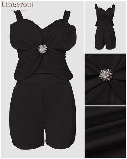 2 Pieces Outfit 3D Flower Decor Sweetheart Neck Thick Straps Shirred Back Crop Top and Casual Elastic Back Waist Shorts