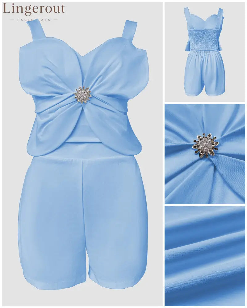 2 Pieces Outfit 3D Flower Decor Sweetheart Neck Thick Straps Shirred Back Crop Top and Casual Elastic Back Waist Shorts