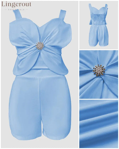2 Pieces Outfit 3D Flower Decor Sweetheart Neck Thick Straps Shirred Back Crop Top and Casual Elastic Back Waist Shorts