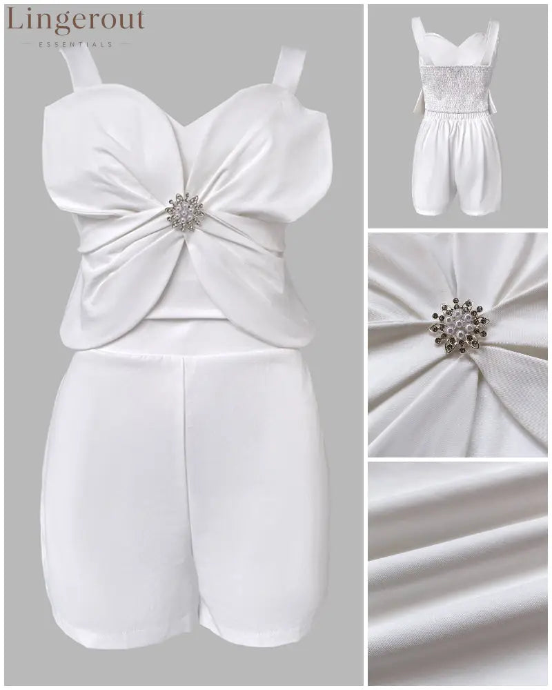 2 Pieces Outfit 3D Flower Decor Sweetheart Neck Thick Straps Shirred Back Crop Top and Casual Elastic Back Waist Shorts