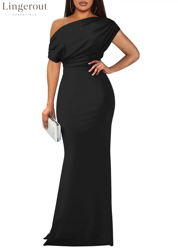 2025 Women’s Elegant Sleeveless Off Shoulder Bodycon Long Formal Party Evening Dress - Black / S / Sleeveless