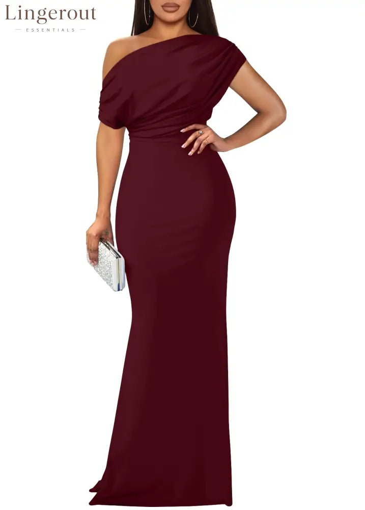 2025 Women’s Elegant Sleeveless Off Shoulder Bodycon Long Formal Party Evening Dress - Wine Red / S / Sleeveless