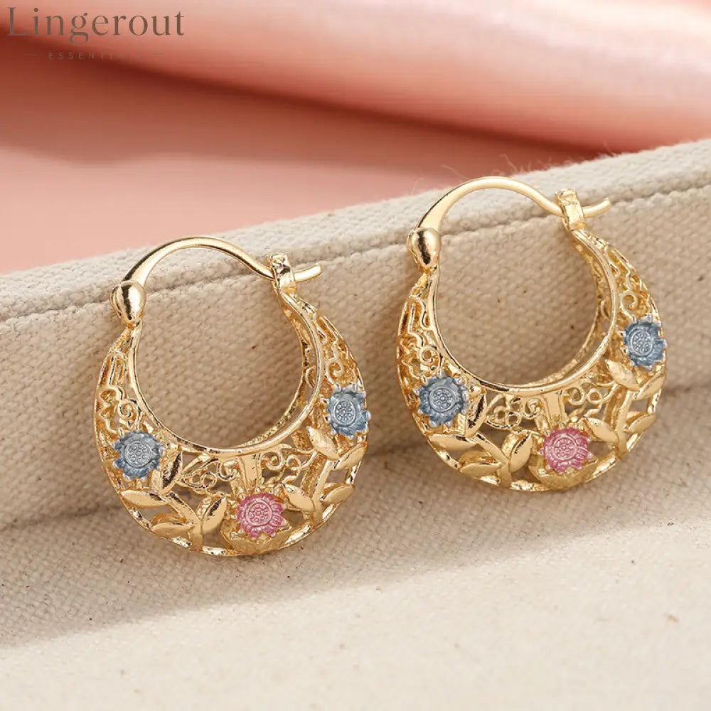 📢📢30% OFF!! ⏰ Gold-Plated Crescent Hoop Earrings with Enamel Flowers - 🛍️ 1 SET – Try it / Gold - Clothing & Accessories