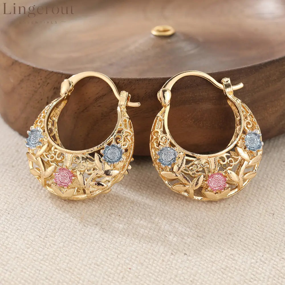 📢📢30% OFF!! ⏰ Gold-Plated Crescent Hoop Earrings with Enamel Flowers - Clothing & Accessories