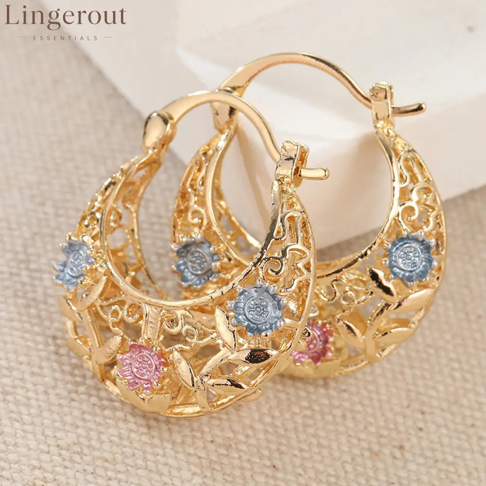 📢📢30% OFF!! ⏰ Gold-Plated Crescent Hoop Earrings with Enamel Flowers - Clothing & Accessories