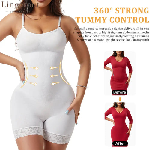 360° Strong Tummy Control Shapewear Bodysuit Spaghetti Strap Butt Lifting Lace Hem Body Shaper