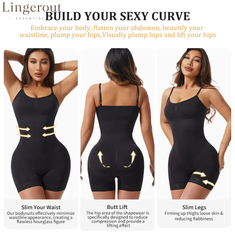 360° Strong Tummy Control Shapewear Bodysuit Spaghetti Strap Butt Lifting Lace Hem Body Shaper