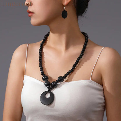 3pcs Jewelry Sets Fashionable Handmade Wood Beaded Necklace and Earrings Women’s Jewelry - Black