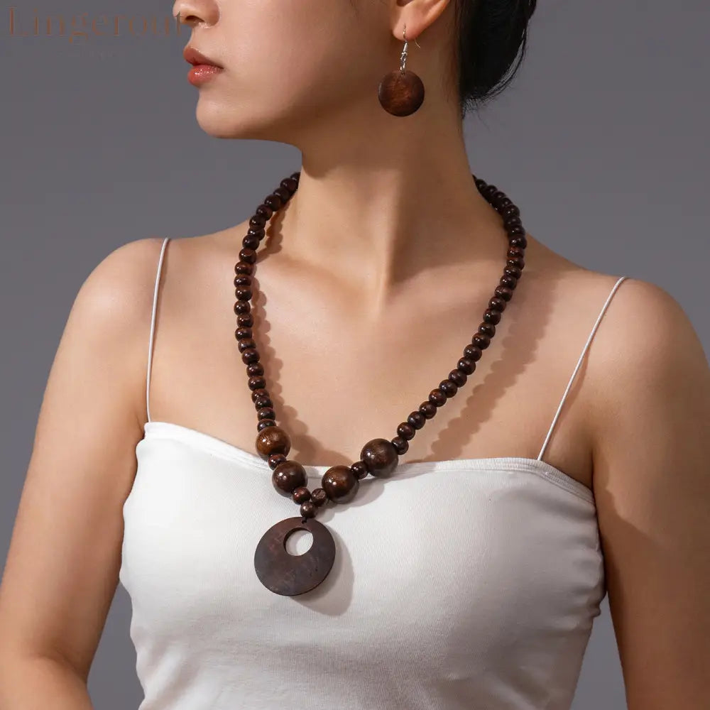 3pcs Jewelry Sets Fashionable Handmade Wood Beaded Necklace and Earrings Women’s Jewelry - Brown