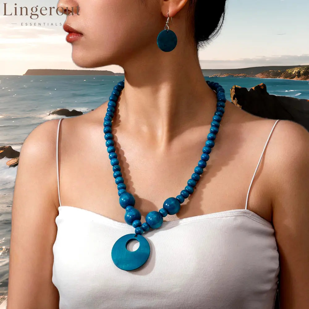 3pcs Jewelry Sets Fashionable Handmade Wood Beaded Necklace and Earrings Women’s Jewelry - Peacock blue