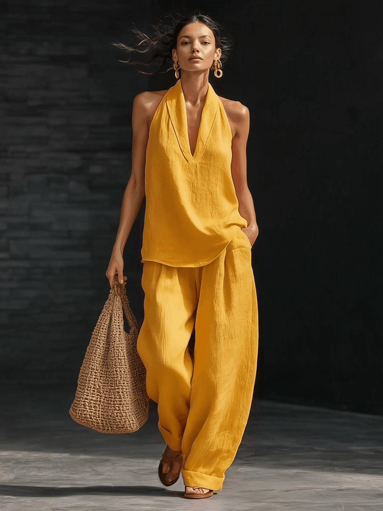 Casual Urban Style White Linen V-neck Sleeveless Top And Wide Leg Pants Set