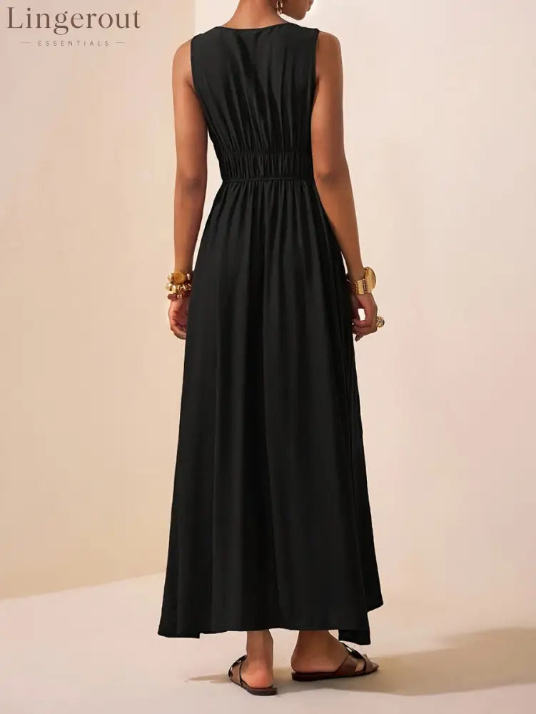A-Line Loose Pleated Solid Color Spaghetti-Neck Maxi Dresses