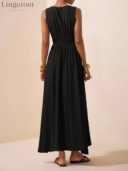 A-Line Loose Pleated Solid Color Spaghetti-Neck Maxi Dresses