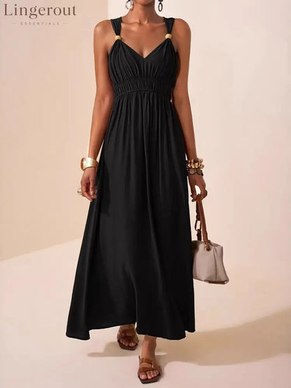 A-Line Loose Pleated Solid Color Spaghetti-Neck Maxi Dresses - BLACK / S