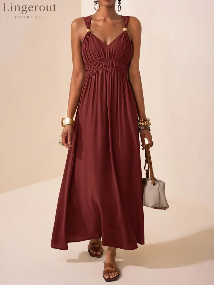 A-Line Loose Pleated Solid Color Spaghetti-Neck Maxi Dresses - BURGUNDY / S