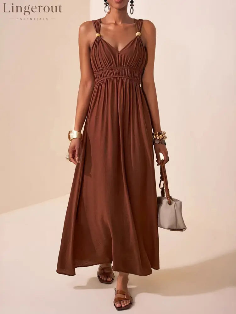 A-Line Loose Pleated Solid Color Spaghetti-Neck Maxi Dresses - DEEP BROWN / S