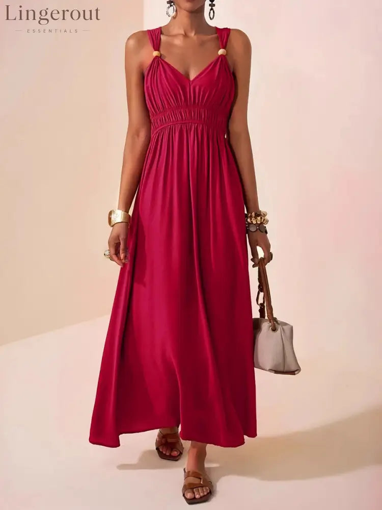 A-Line Loose Pleated Solid Color Spaghetti-Neck Maxi Dresses - RED / S