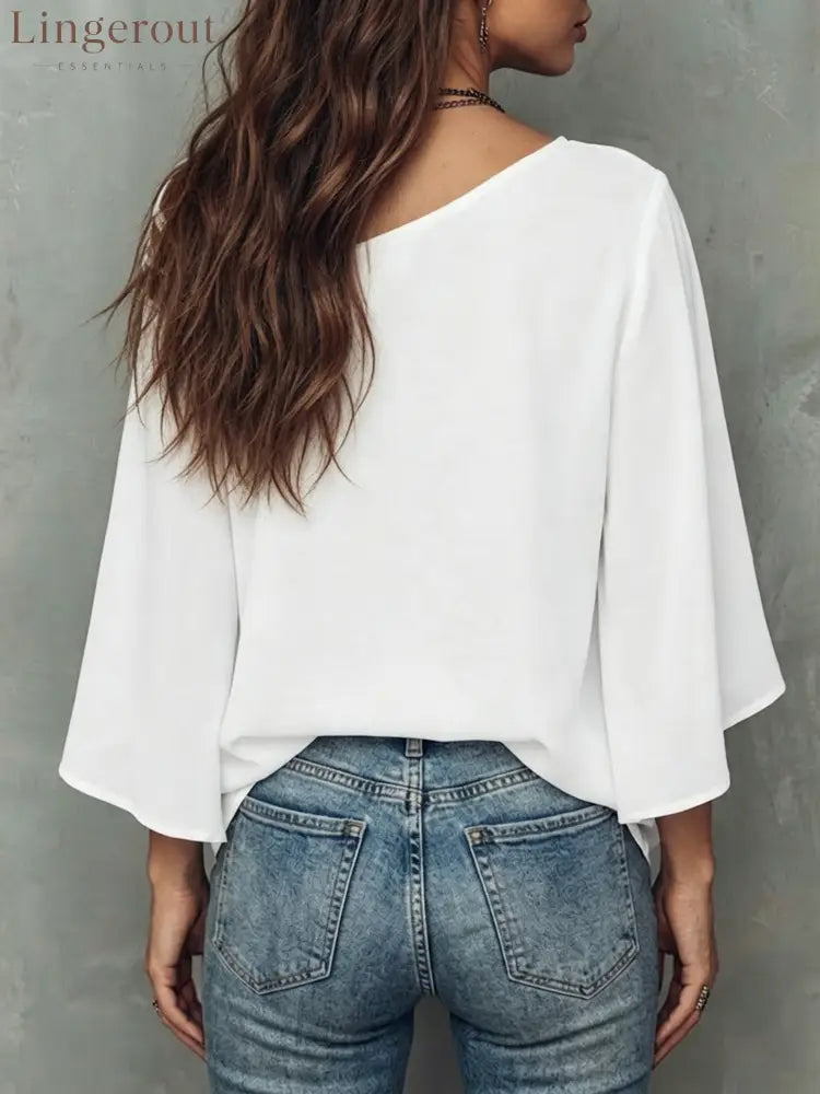 Abstract Face Line Art Crisscross Cold Shoulder Flare Sleeve Blouse