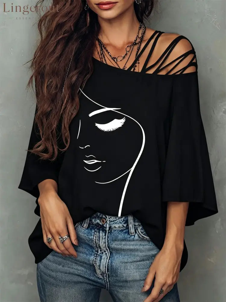 Abstract Face Line Art Crisscross Cold Shoulder Flare Sleeve Blouse - Black / S