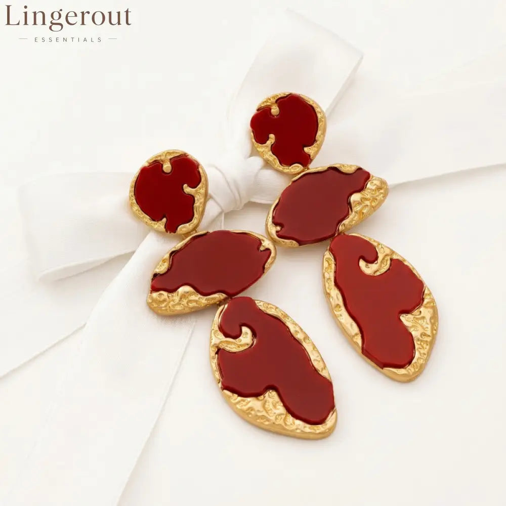 Abstract Red Enamel Tiered Drop Earrings Hammered 14K Gold Plated Statement Dangle Earrings - EH5799