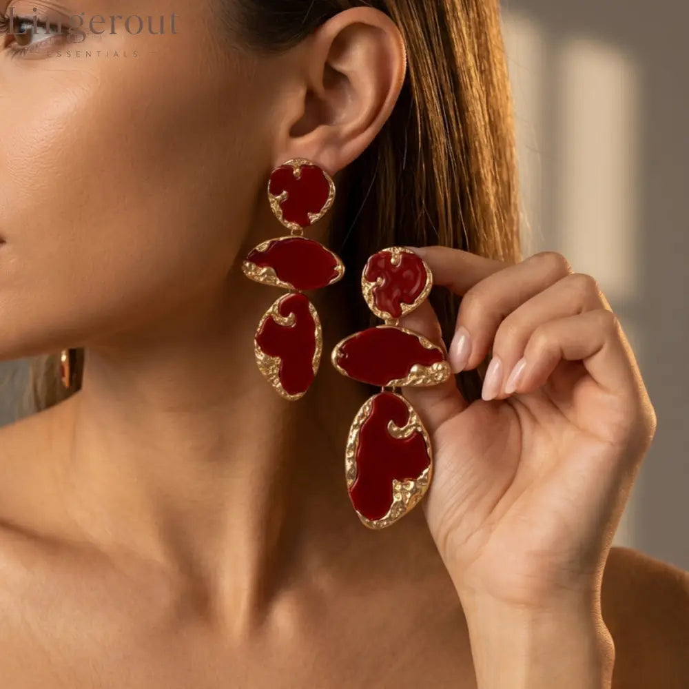 Abstract Red Enamel Tiered Drop Earrings Hammered 14K Gold Plated Statement Dangle Earrings - EH5799