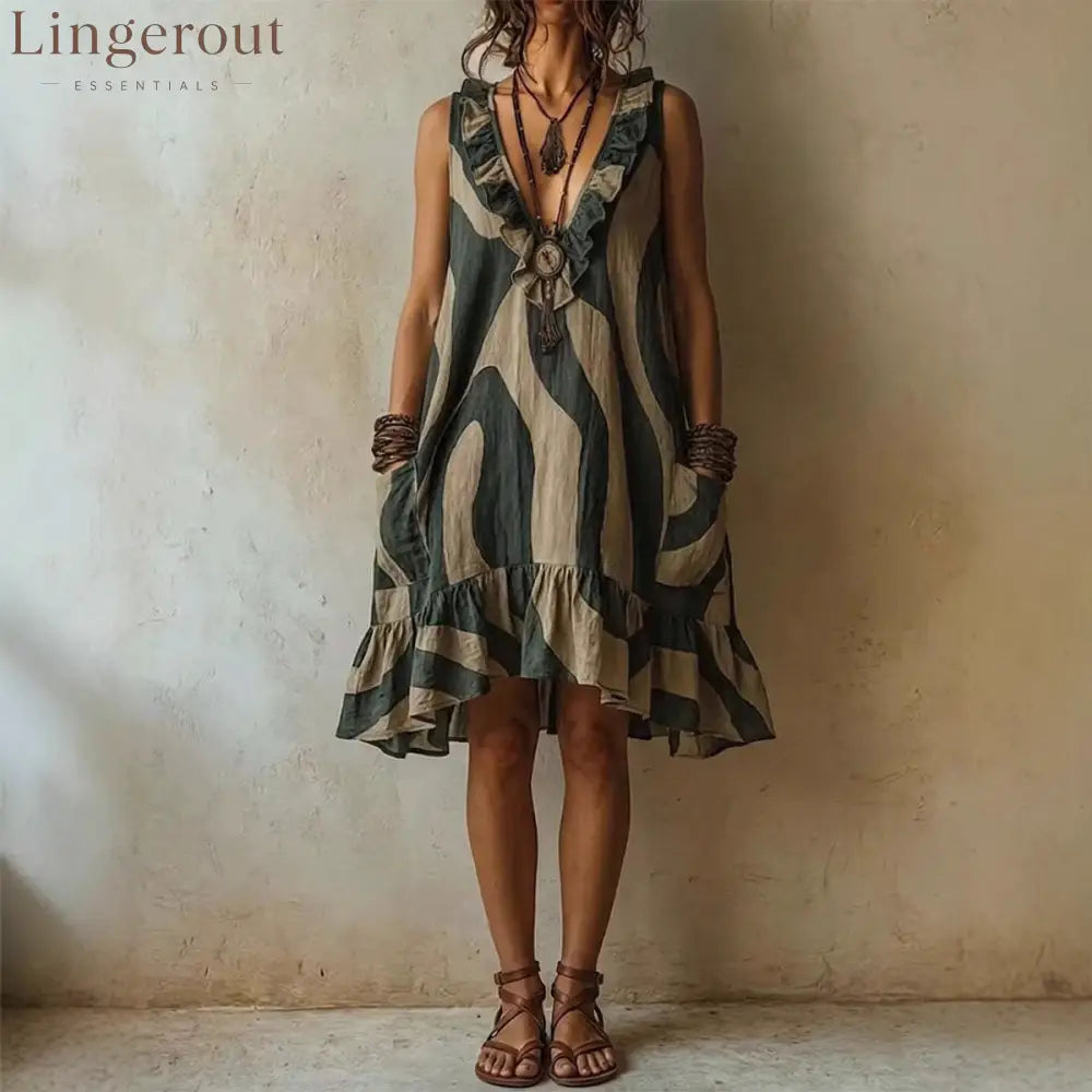 Abstract Wave Print Ruffle V-Neck Sleeveless Linen Mini Dress with Pockets