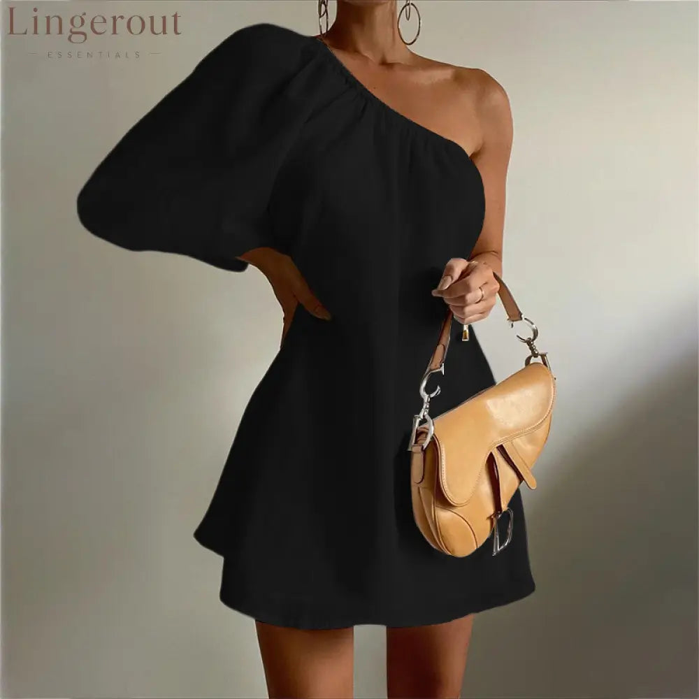 Aegean Cotton Linen One Sleeve Short Dress - Black / S