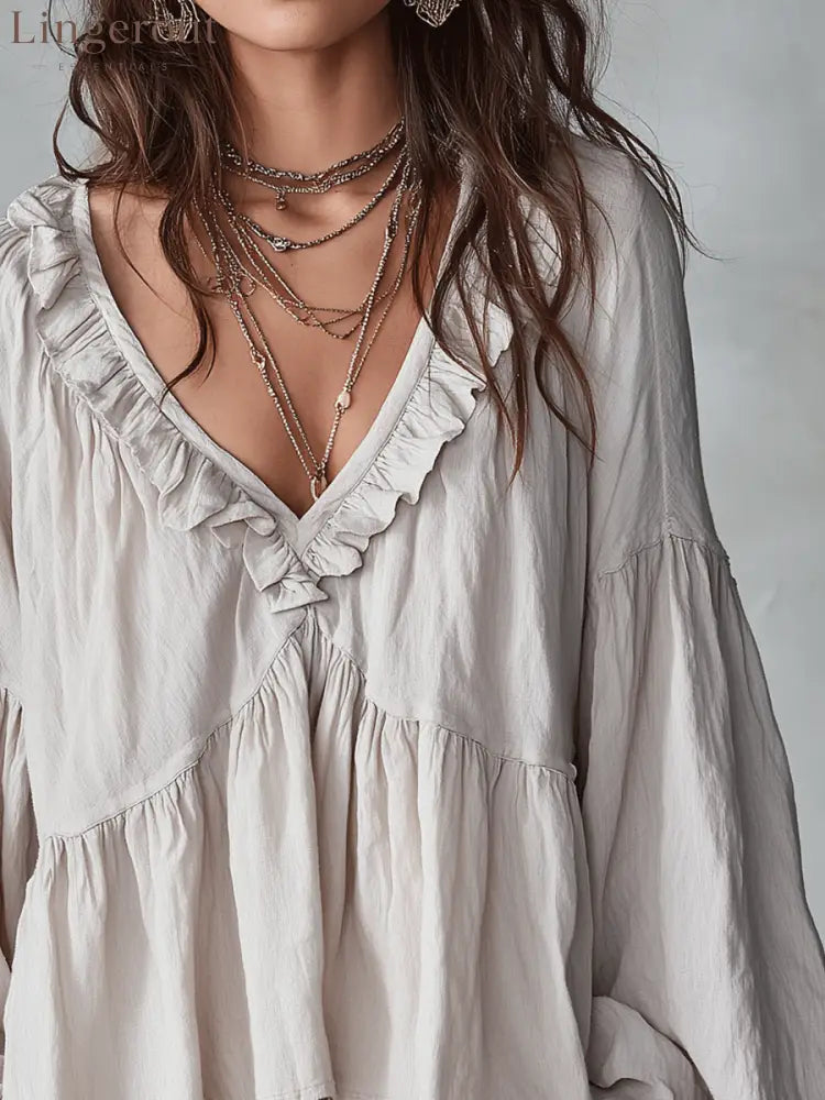 Airy Vintage-Inspired Ruffle Soft Ruffle Bohemian Blouse