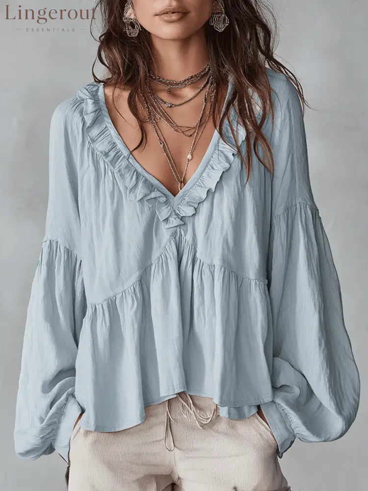 Airy Vintage-Inspired Ruffle Soft Ruffle Bohemian Blouse - Blue / XS