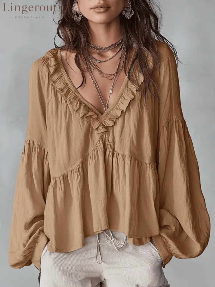 Airy Vintage-Inspired Ruffle Soft Ruffle Bohemian Blouse - Khaki / XS