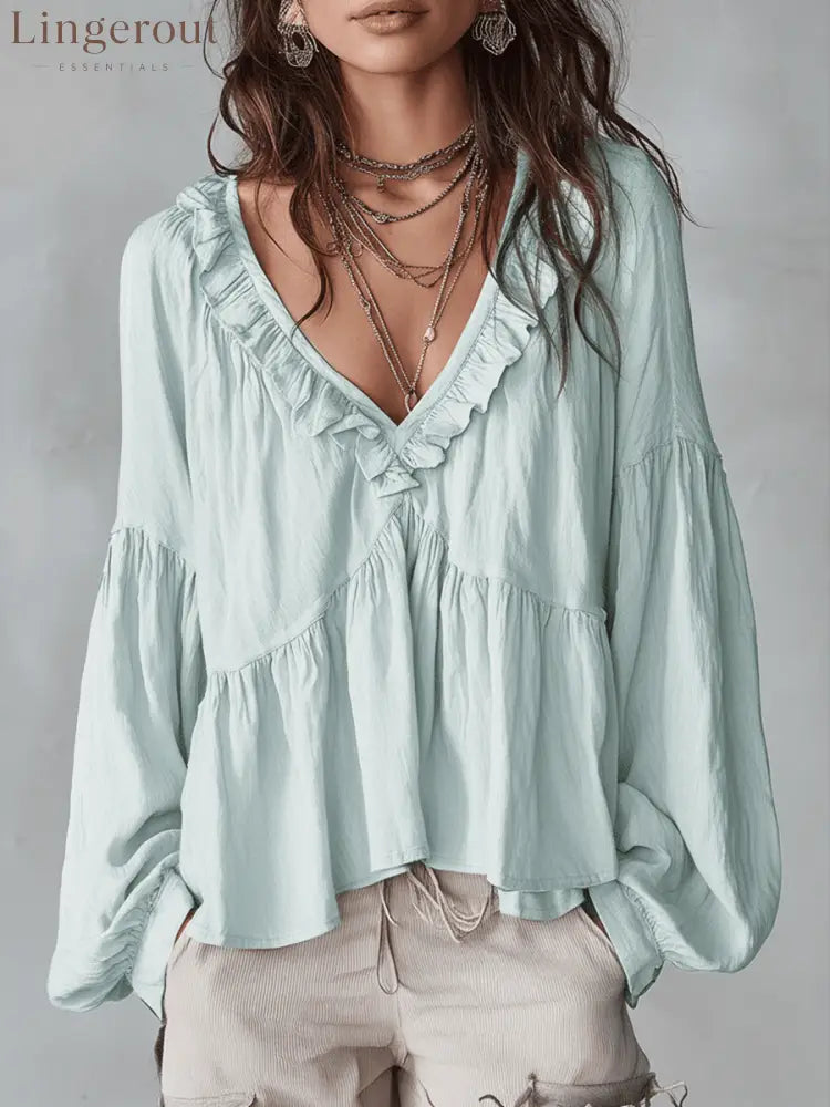 Airy Vintage-Inspired Ruffle Soft Ruffle Bohemian Blouse - Light Green / XS