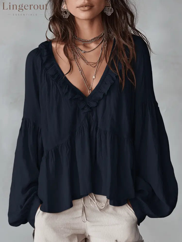 Airy Vintage-Inspired Ruffle Soft Ruffle Bohemian Blouse - Navy Blue / XS