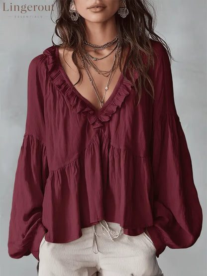 Airy Vintage-Inspired Ruffle Soft Ruffle Bohemian Blouse - Red / XS