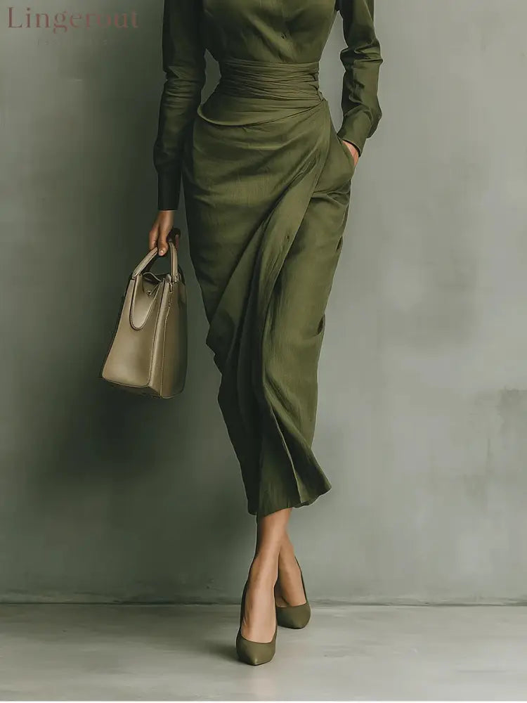 Army Green Cotton Blended Maxi Dress