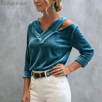 Asymmetric Cold Shoulder Velvet Blouse