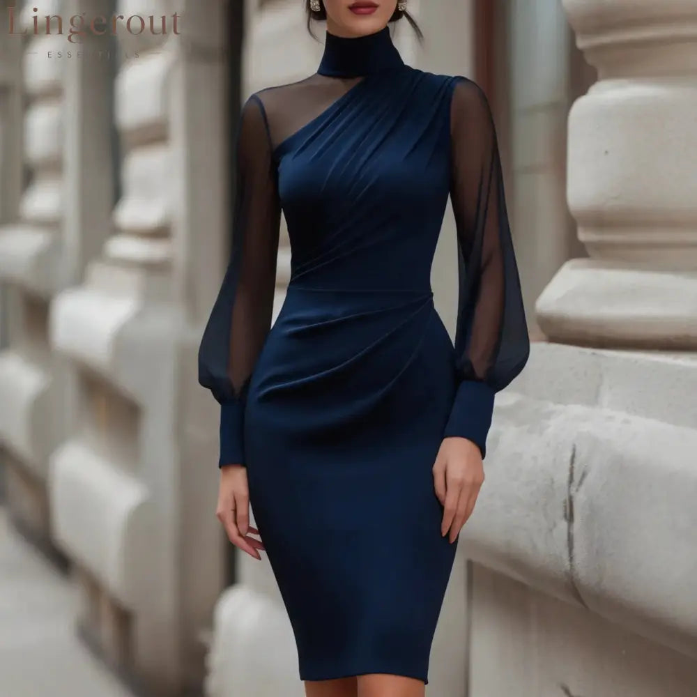 Asymmetric High-Neck Ruched Midi Dress