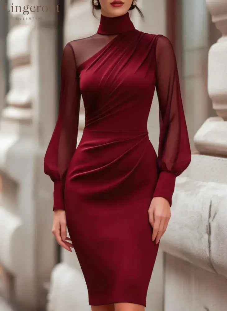 Asymmetric High-Neck Ruched Midi Dress - Burgundy / S