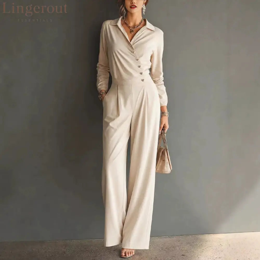 Asymmetric Wrap Shirt Wide Leg Pleated Jumpsuit