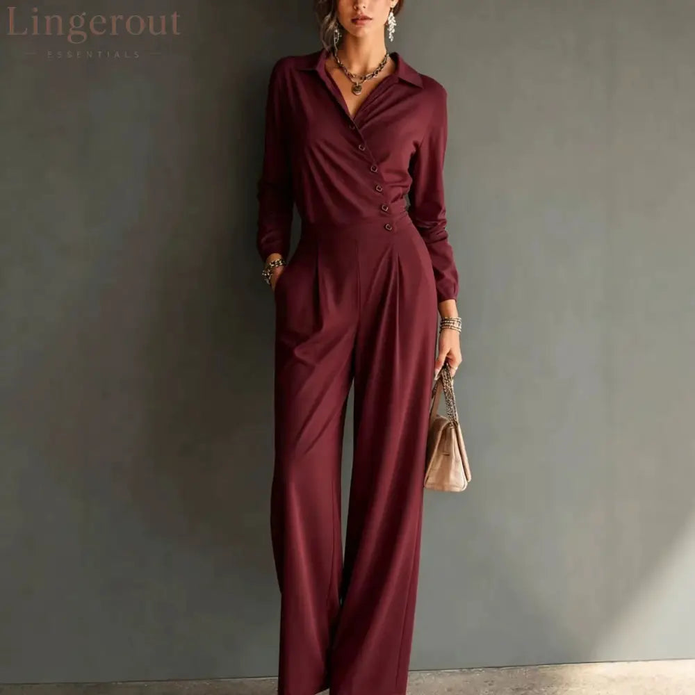 Asymmetric Wrap Shirt Wide Leg Pleated Jumpsuit