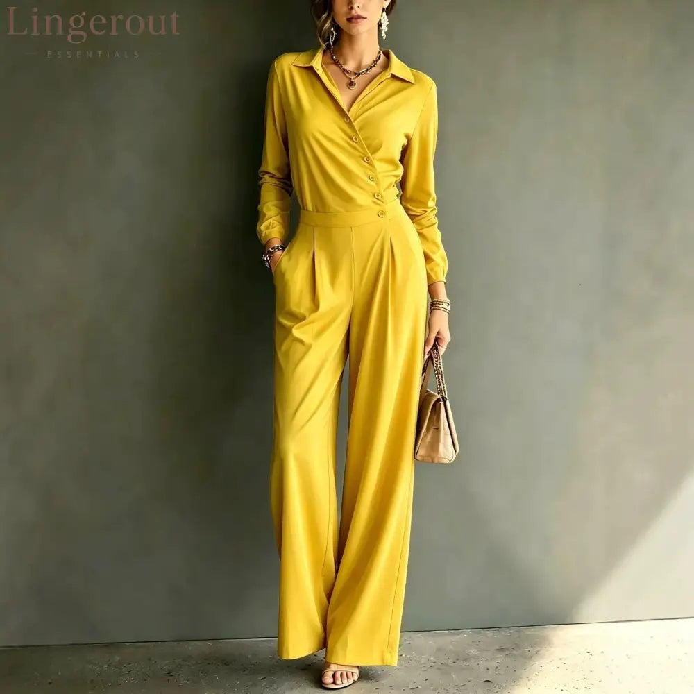 Asymmetric Wrap Shirt Wide Leg Pleated Jumpsuit