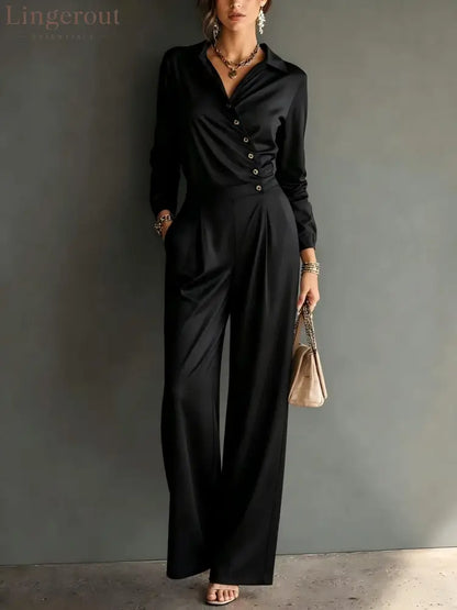 Asymmetric Wrap Shirt Wide Leg Pleated Jumpsuit - Black / S