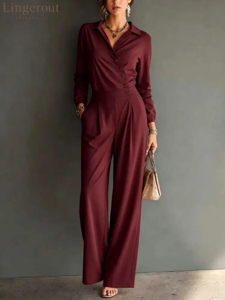Asymmetric Wrap Shirt Wide Leg Pleated Jumpsuit - Claret / S
