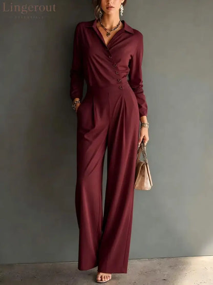 Asymmetric Wrap Shirt Wide Leg Pleated Jumpsuit - Claret / S