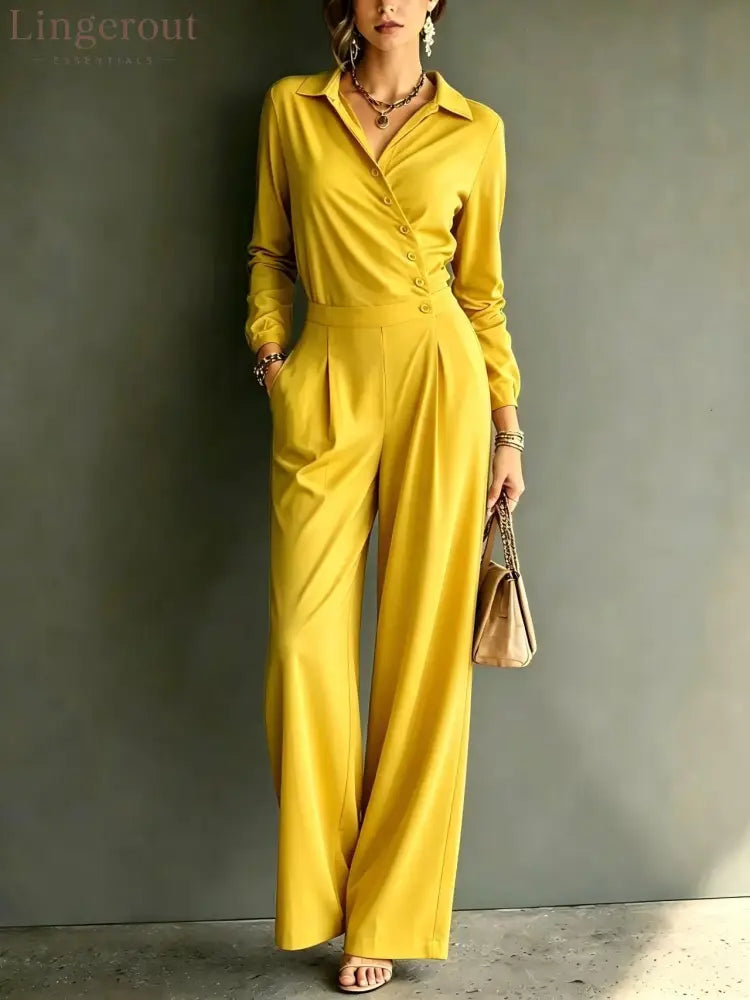 Asymmetric Wrap Shirt Wide Leg Pleated Jumpsuit - Yellow / S