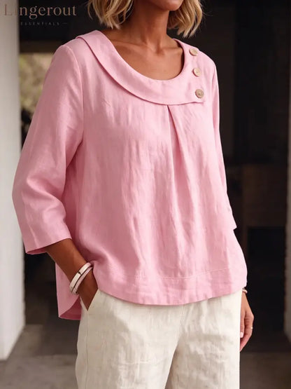 Asymmetrical Button Collar Linen Top - Pink / S